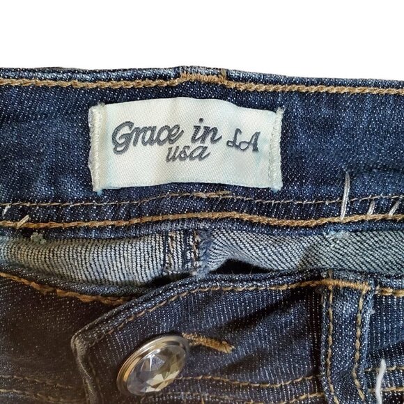 Grace in LA USA Capri Jeans Womens Blue Denim Rhinestone Flap Pockets Size 3 - Picture 3 of 7